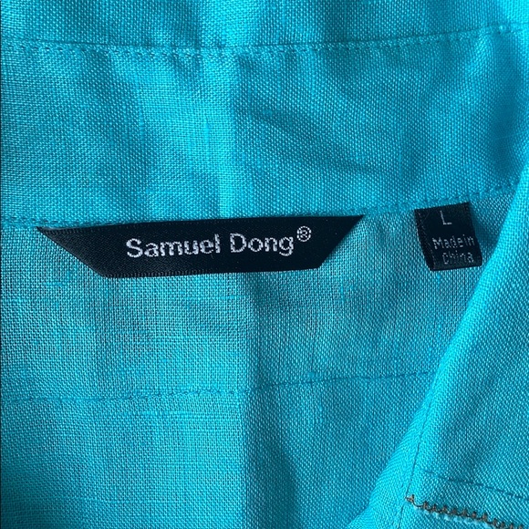 SAMUEL DONG 100% Linen Button Down Teal Top - Picture 9 of 16